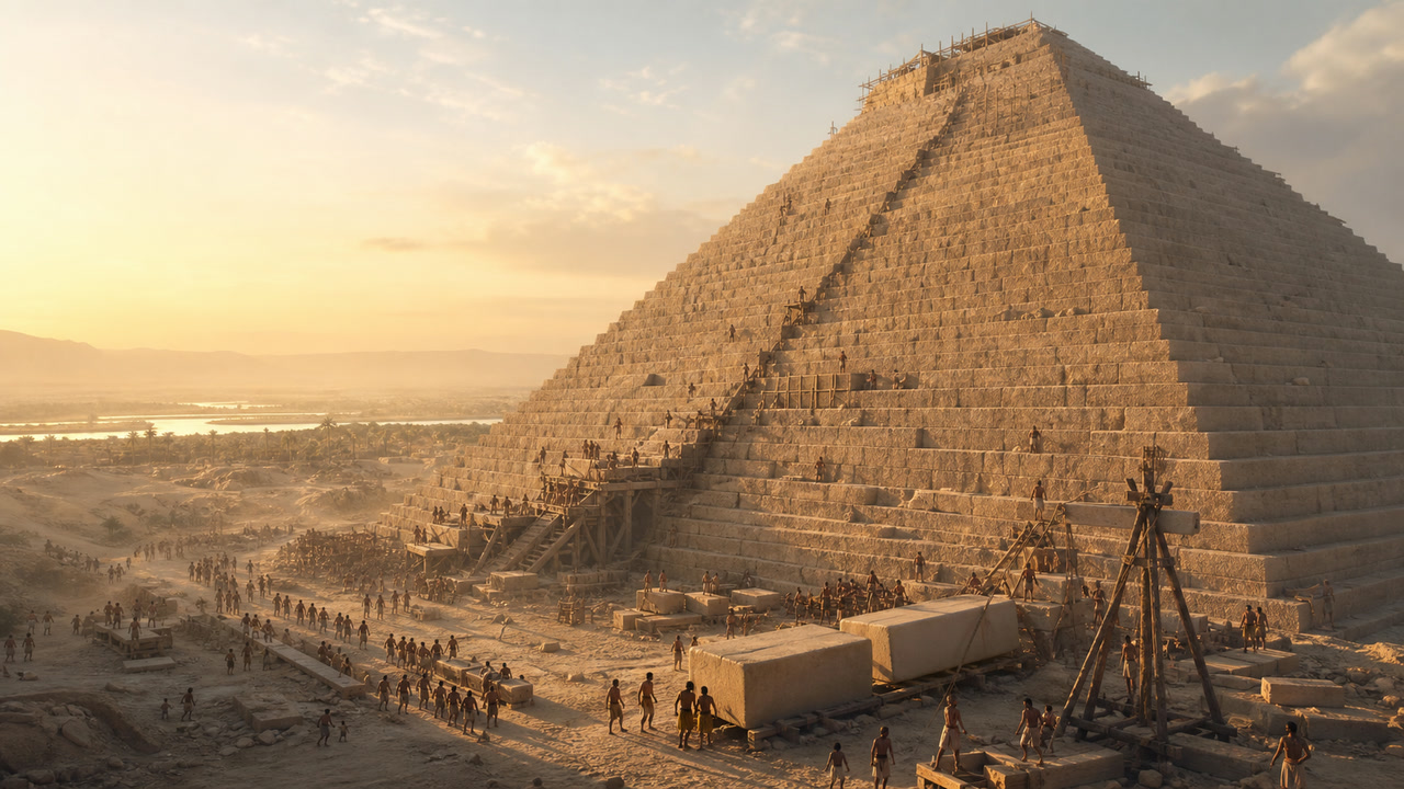The Great Pyramid rising above an active ancient Egyptian construction world
