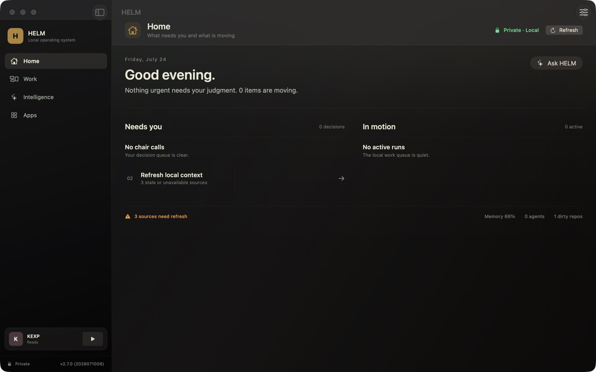 Live capture of HELM's operator home in the native macOS application